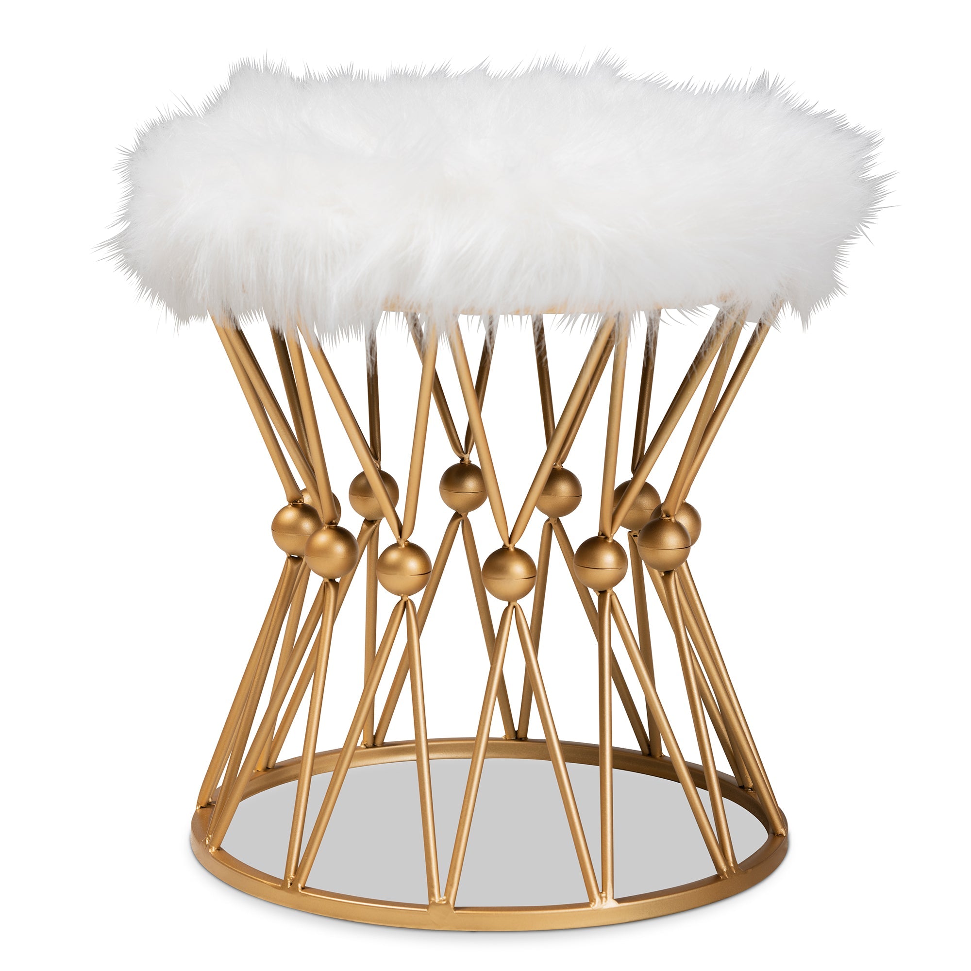 Leonie  and  White Faux Fur Upholstered Gold Finished Metal Ottoman