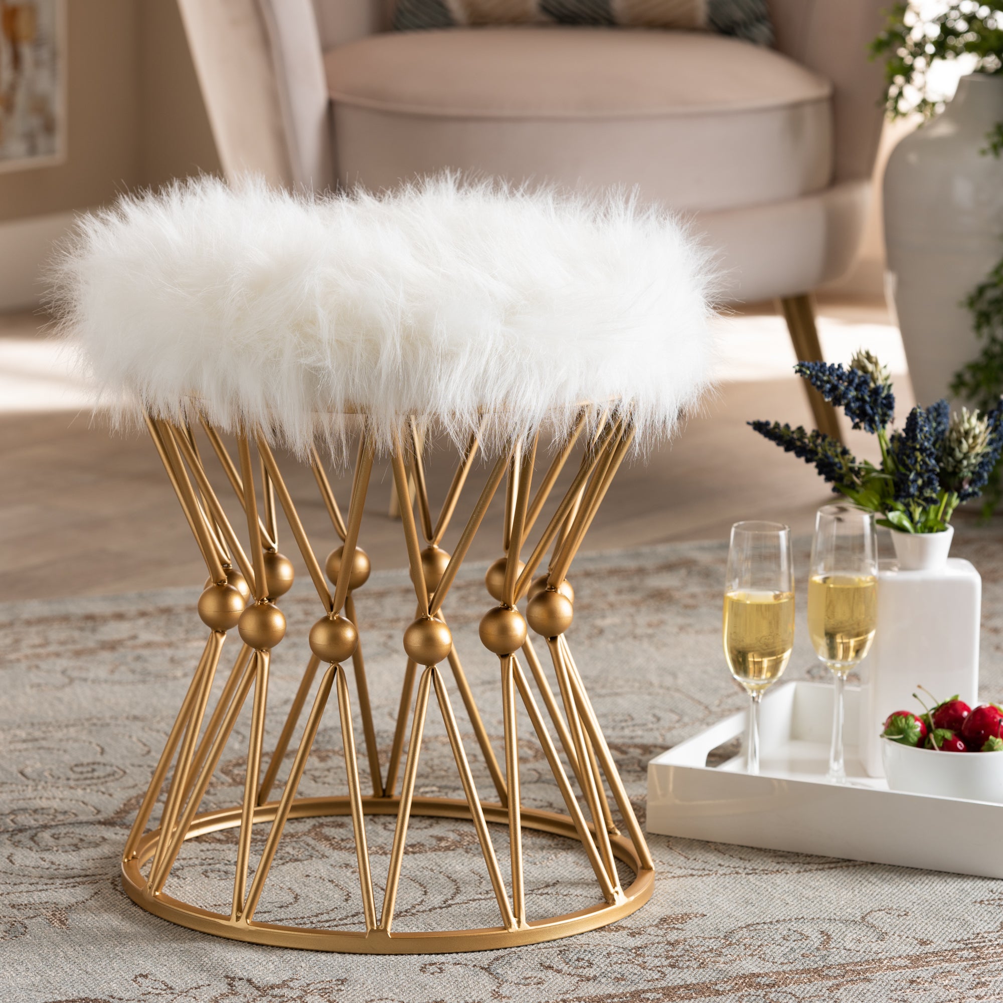 Leonie  and  White Faux Fur Upholstered Gold Finished Metal Ottoman