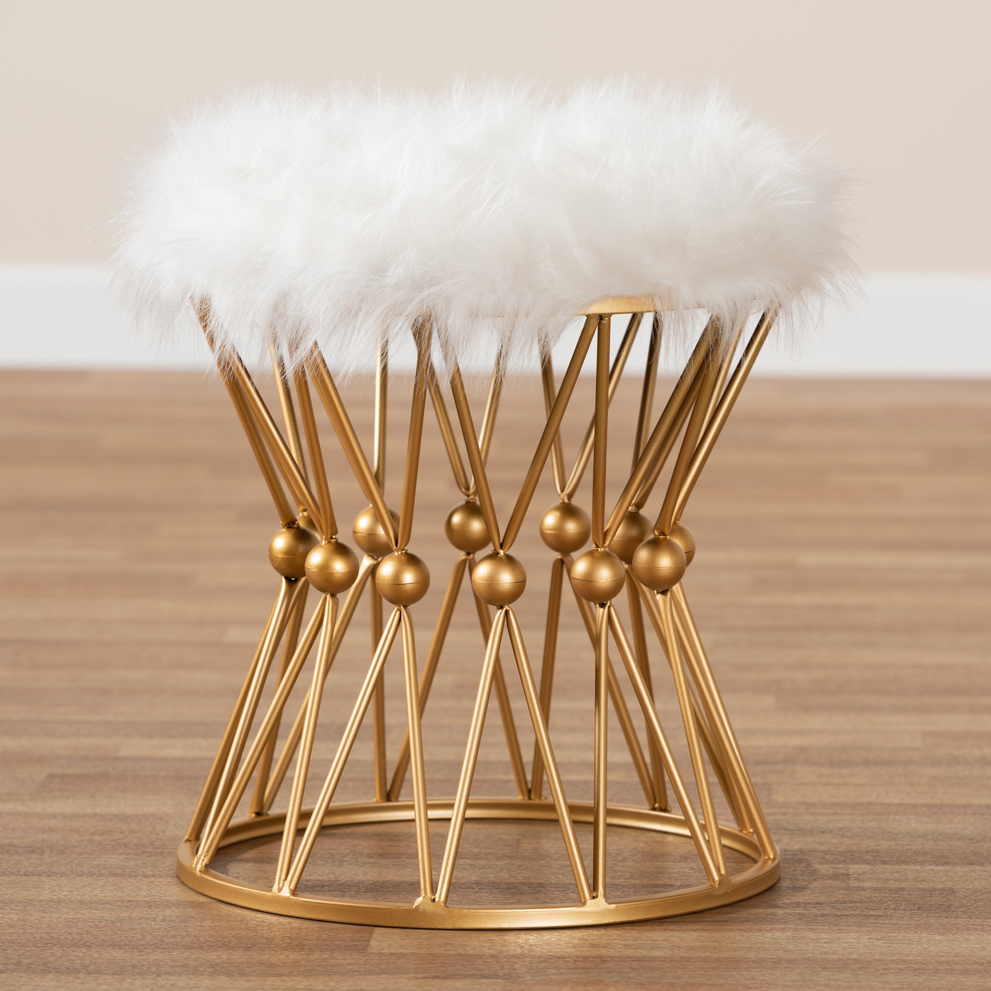 Leonie  and  White Faux Fur Upholstered Gold Finished Metal Ottoman