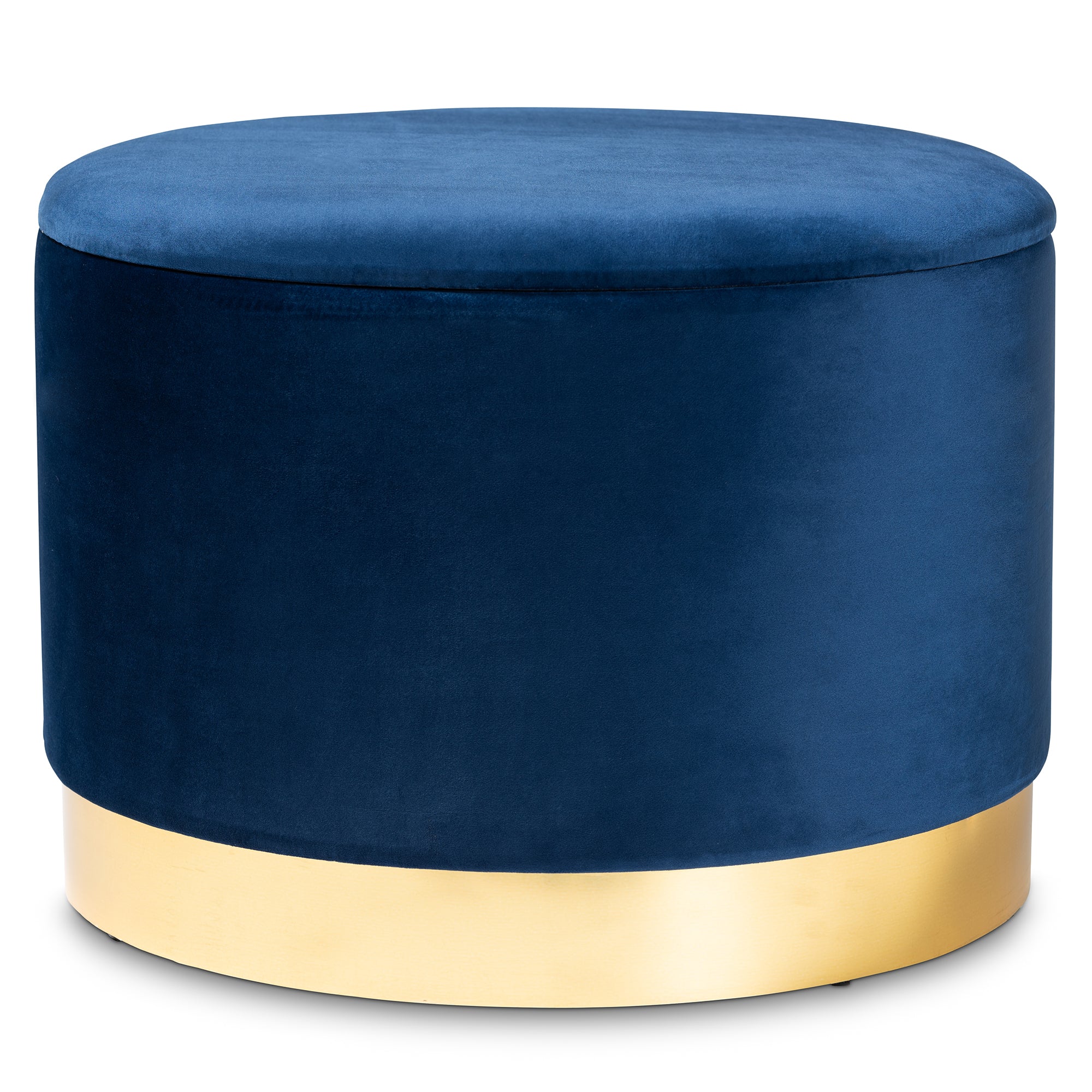 Marisa  and  Navy Blue Velvet Fabric Upholstered Gold Finished Storage Ottoman