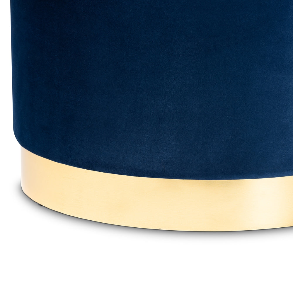 Marisa  and  Navy Blue Velvet Fabric Upholstered Gold Finished Storage Ottoman