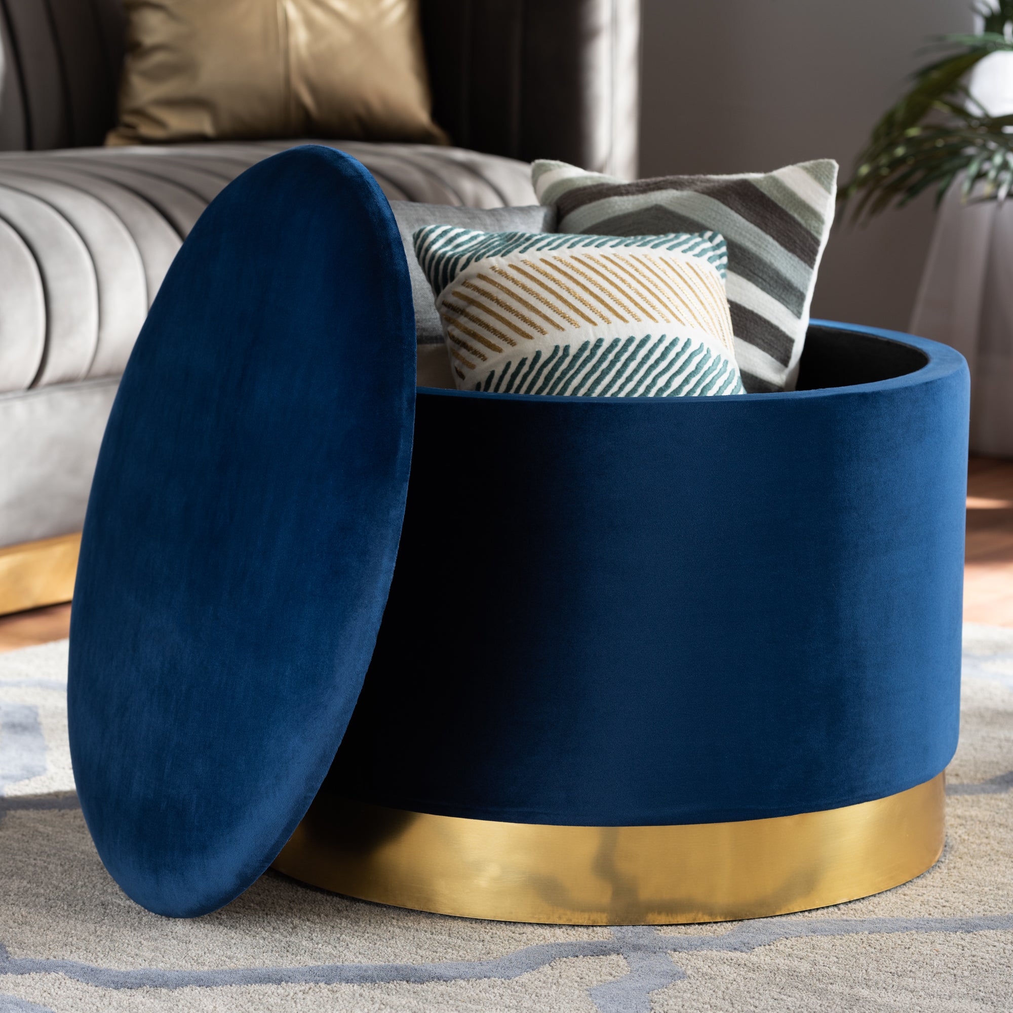 Marisa  and  Navy Blue Velvet Fabric Upholstered Gold Finished Storage Ottoman