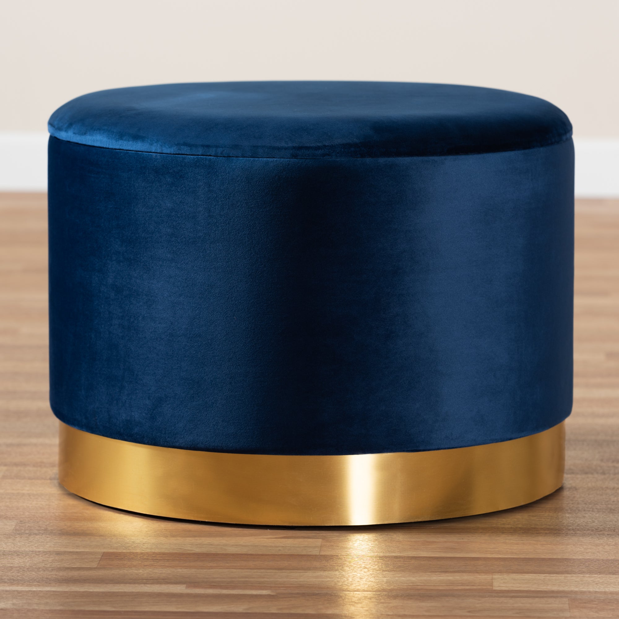 Marisa  and  Navy Blue Velvet Fabric Upholstered Gold Finished Storage Ottoman