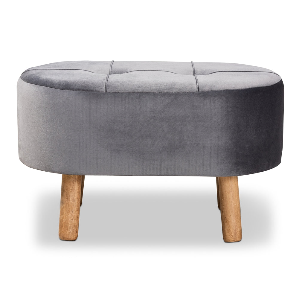 Simone Mid-Century Modern Grey Velvet Fabric Upholstered Wood Ottoman
