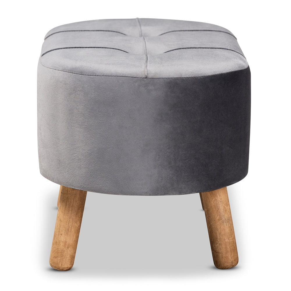 Simone Mid-Century Modern Grey Velvet Fabric Upholstered Wood Ottoman