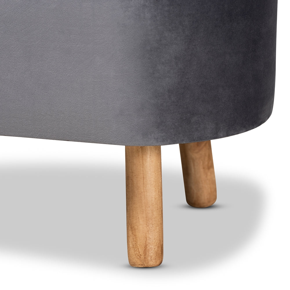Simone Mid-Century Modern Grey Velvet Fabric Upholstered Wood Ottoman