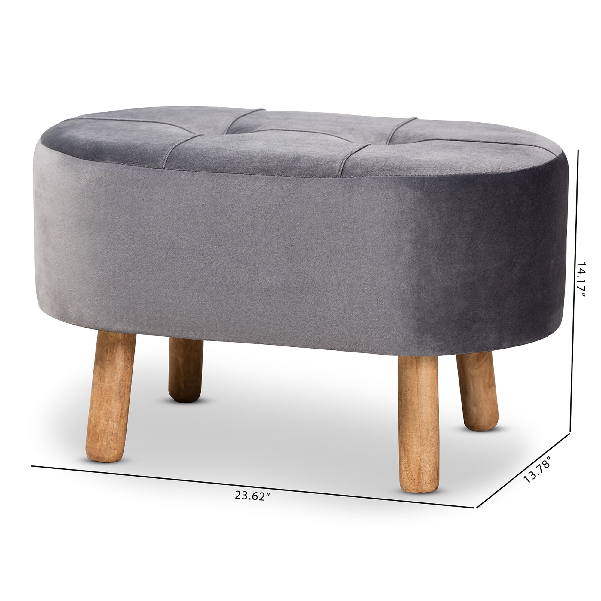 Simone Mid-Century Modern Grey Velvet Fabric Upholstered Wood Ottoman