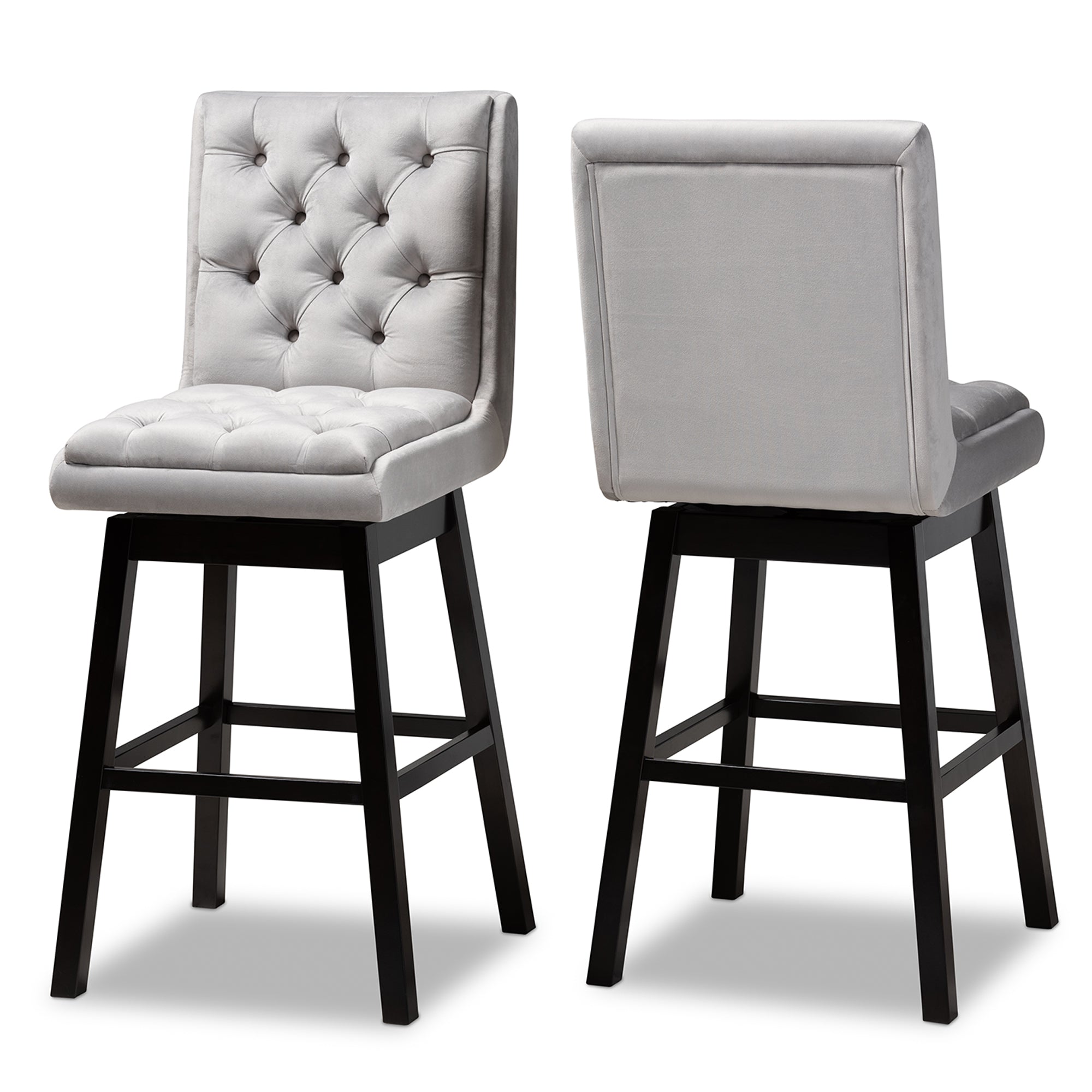 Gregory Modern Transitional Light Grey Velvet Fabric Upholstered and Dark Brown Finished Wood 2-Piece Swivel Bar Stool Set Set