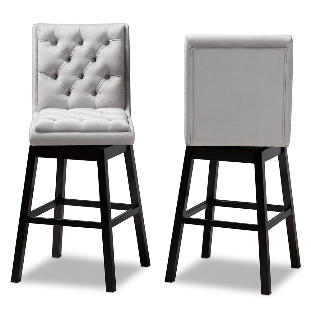 Gregory Modern Transitional Light Grey Velvet Fabric Upholstered and Dark Brown Finished Wood 2-Piece Swivel Bar Stool Set Set