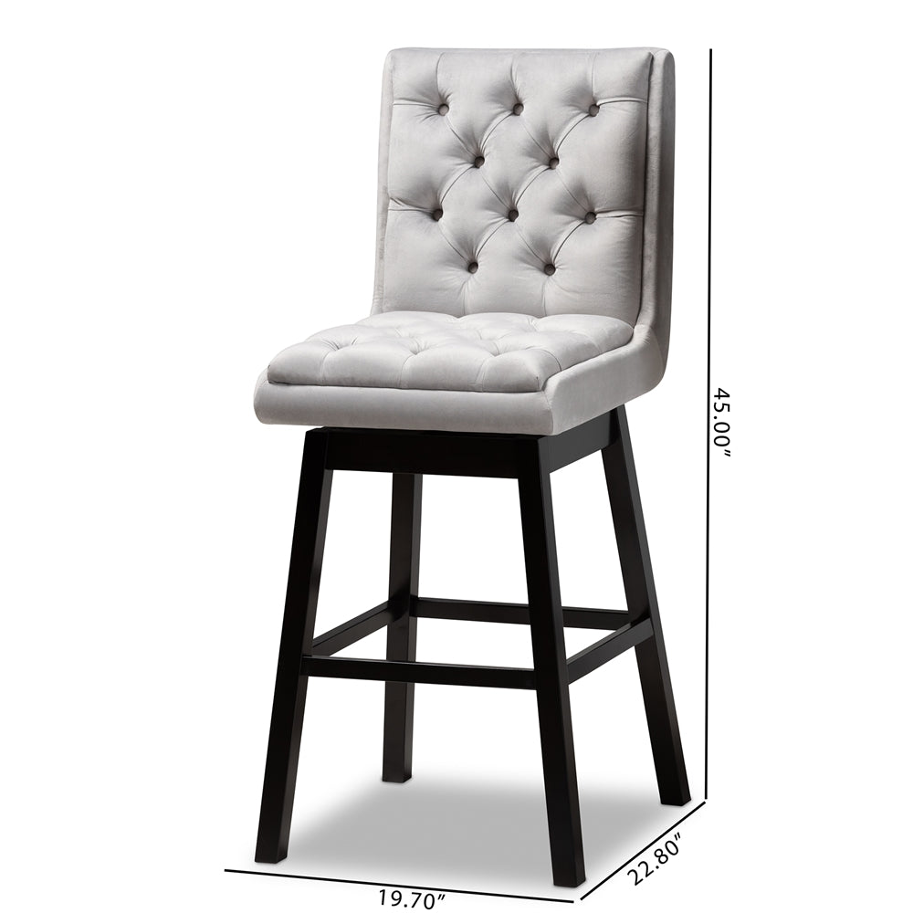 Gregory Modern Transitional Light Grey Velvet Fabric Upholstered and Dark Brown Finished Wood 2-Piece Swivel Bar Stool Set Set