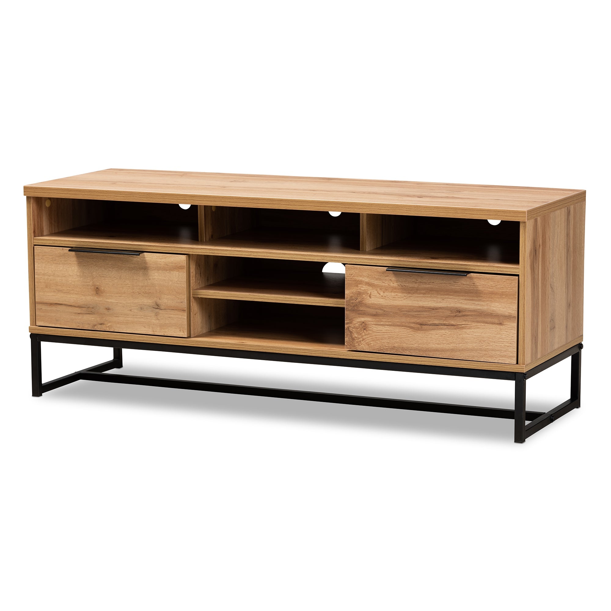 Reid Modern and Contemporary Industrial Oak Finished Wood and Black Metal 2-Drawer TV Stand
