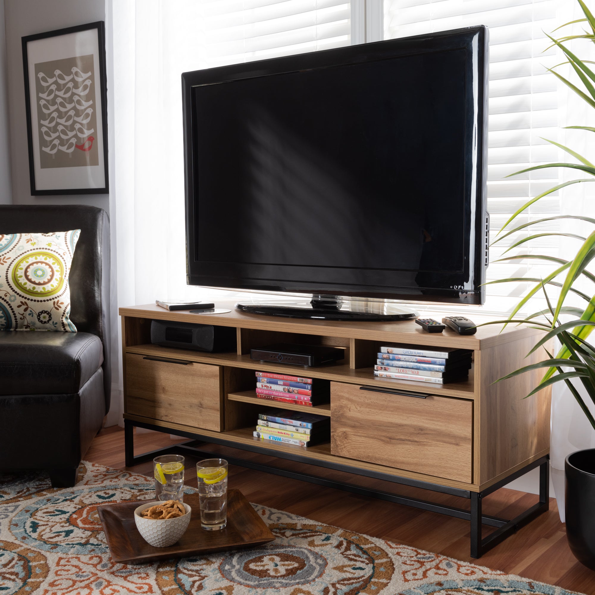 Reid Modern and Contemporary Industrial Oak Finished Wood and Black Metal 2-Drawer TV Stand