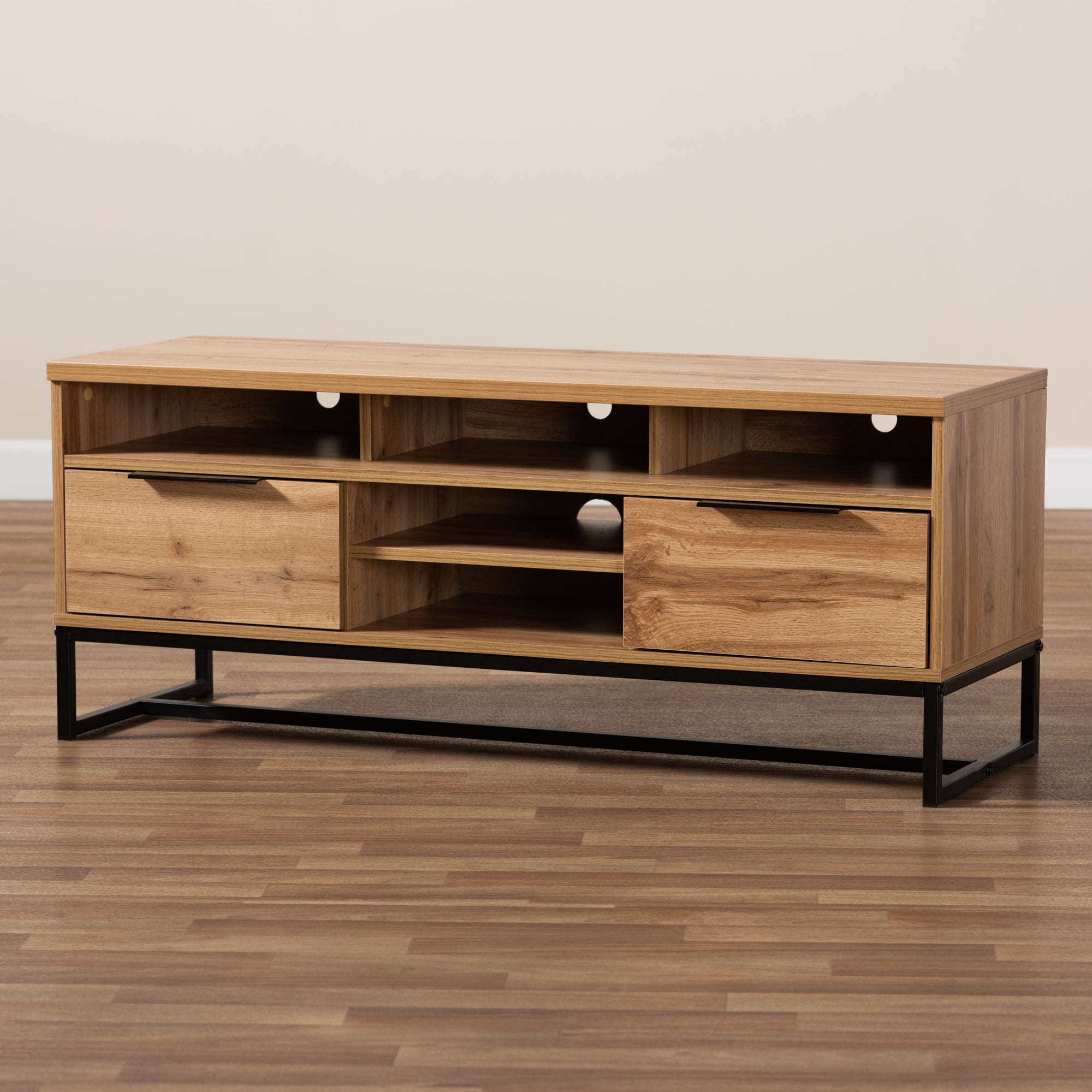 Reid Modern and Contemporary Industrial Oak Finished Wood and Black Metal 2-Drawer TV Stand