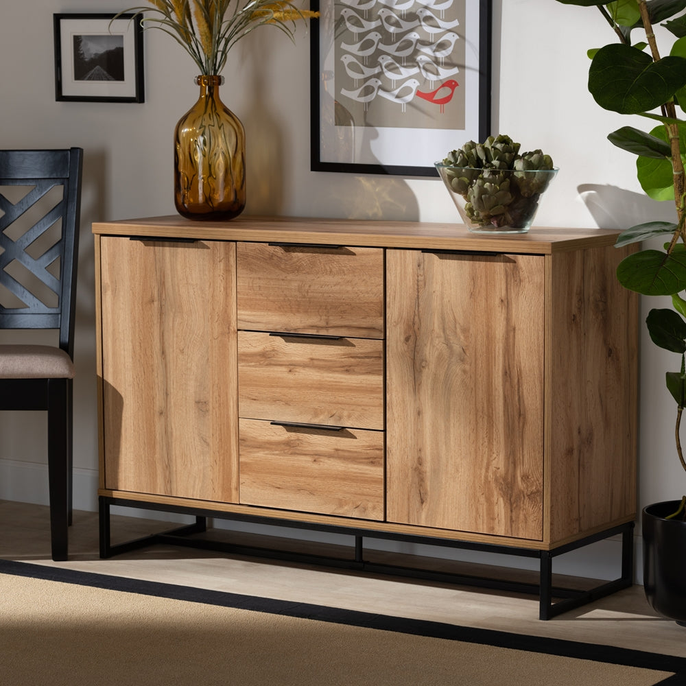 Reid Modern and Contemporary Industrial Oak Finished Wood and Black Metal 3-Drawer Sideboard Buffet