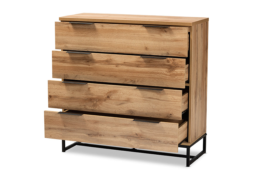Reid Modern and Contemporary Industrial Oak Finished Wood and Black Metal 4-Drawer Dresser