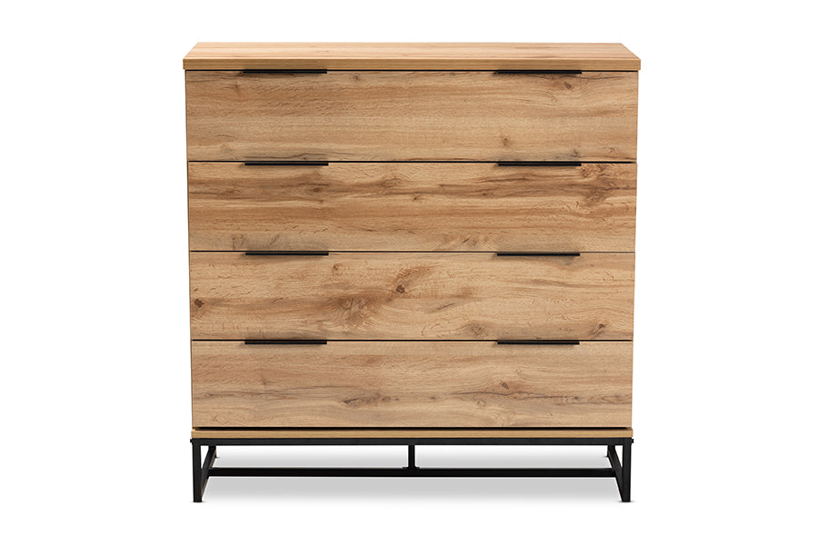 Reid Modern and Contemporary Industrial Oak Finished Wood and Black Metal 4-Drawer Dresser