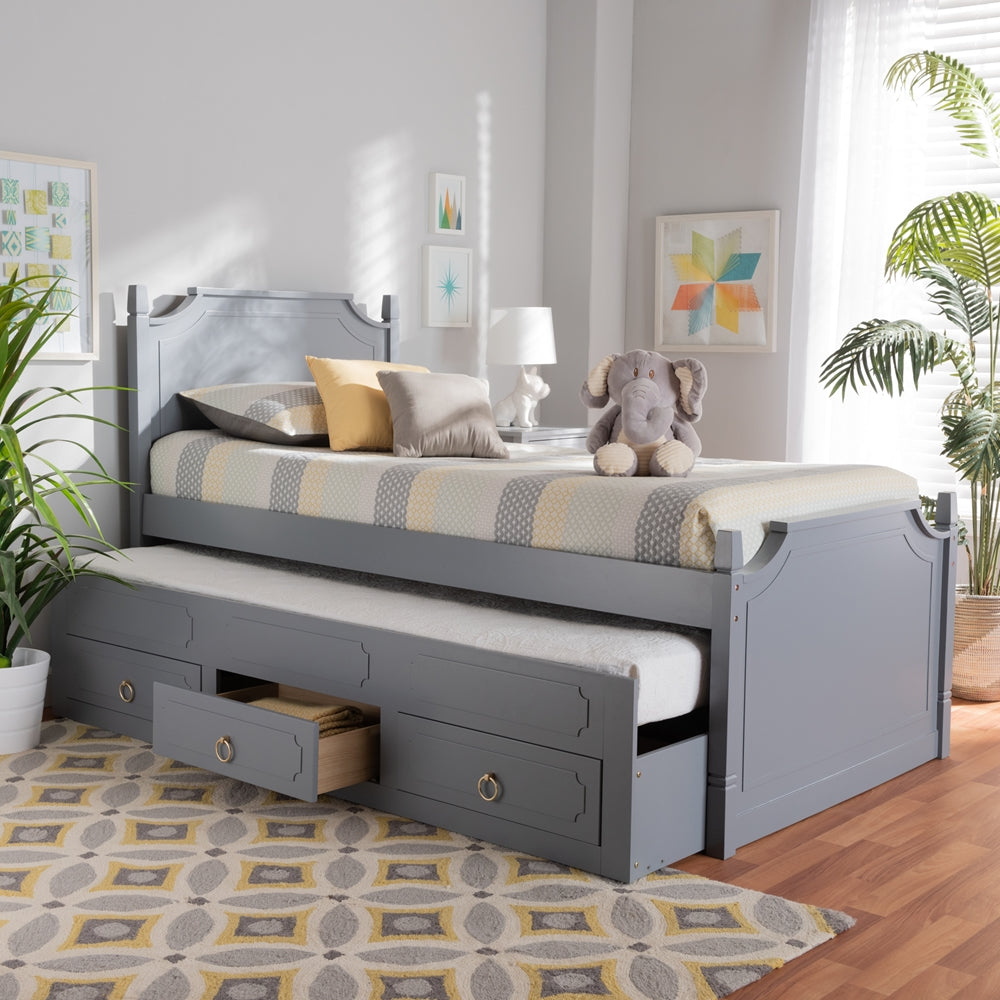 Mariana Traditional Grey Finished Twin Size 3-Dr Bed with Trundle