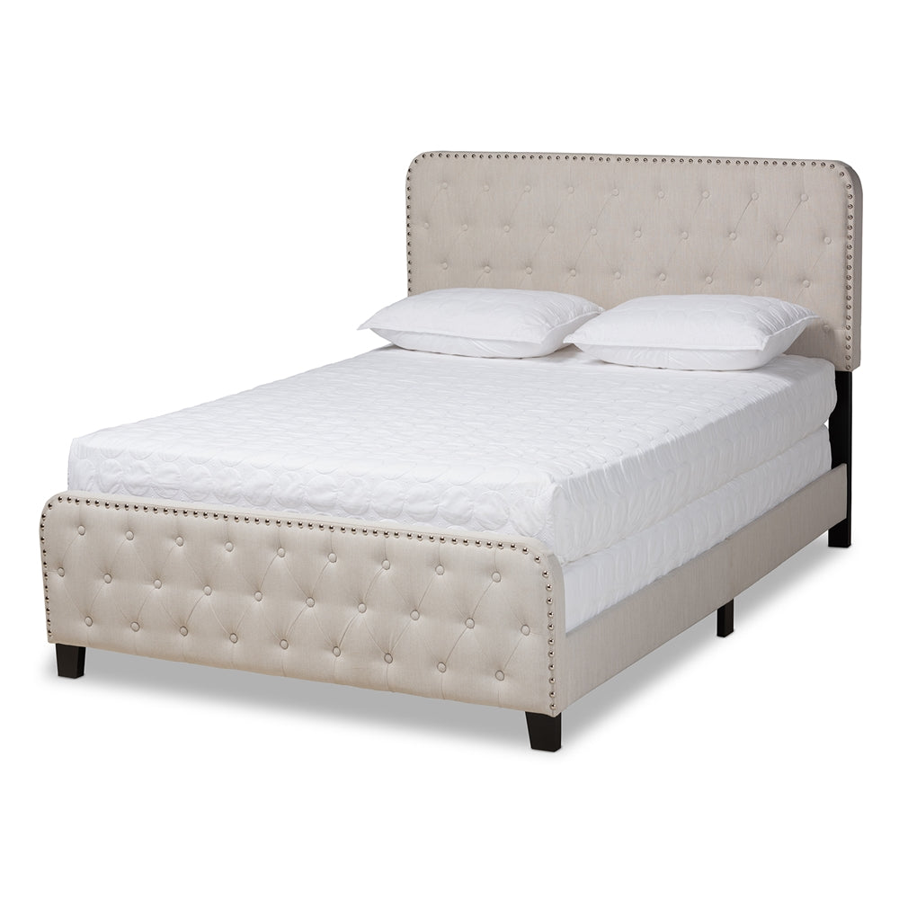 Annalisa Beige Fabric Upholstered Button Tufted King Size Panel Bed