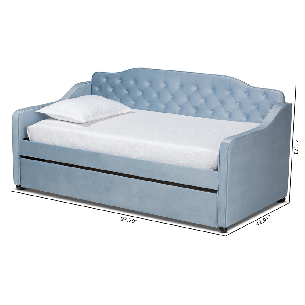 Freda Grey Velvet Fabric Upholstered And Button Tufted Twin Size Daybed With Trundle