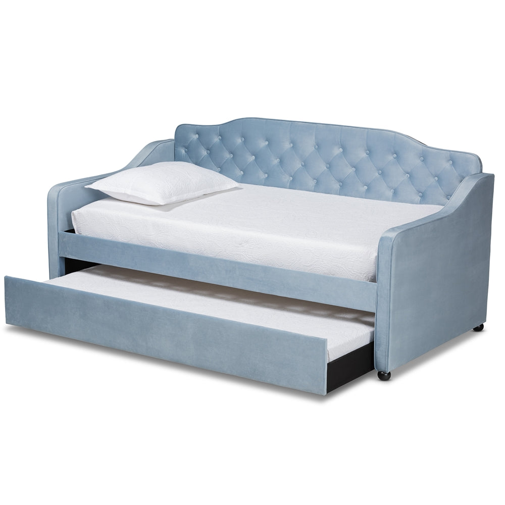 Freda Traditional and Transitional Light Blue Velvet Fabric Upholstered and Button Tufted Twin Size Daybed with Trundle