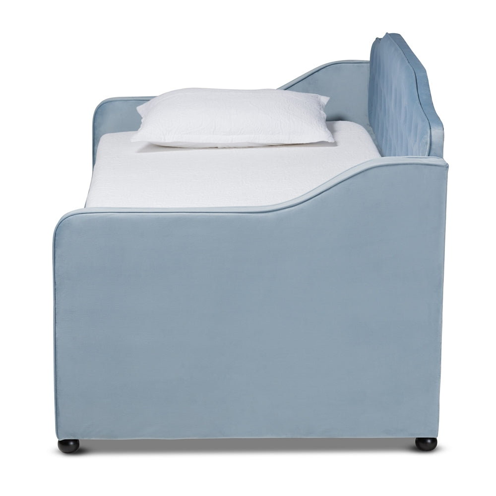 Freda Traditional and Transitional Light Blue Velvet Fabric Upholstered and Button Tufted Twin Size Daybed with Trundle