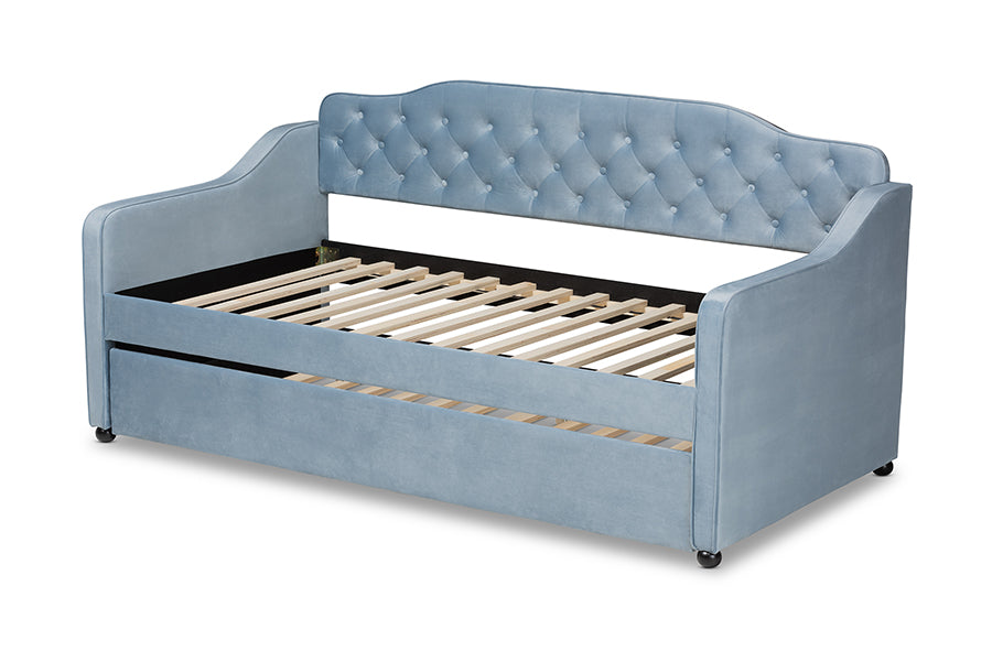 Freda Traditional and Transitional Light Blue Velvet Fabric Upholstered and Button Tufted Twin Size Daybed with Trundle