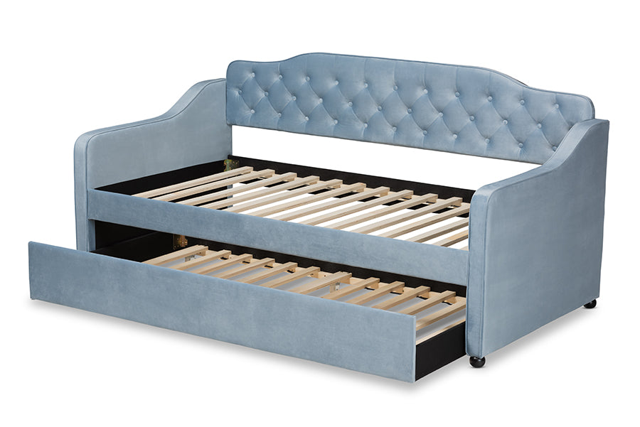 Freda Traditional and Transitional Light Blue Velvet Fabric Upholstered and Button Tufted Twin Size Daybed with Trundle