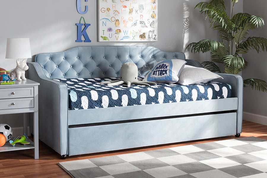 Freda Traditional and Transitional Light Blue Velvet Fabric Upholstered and Button Tufted Twin Size Daybed with Trundle