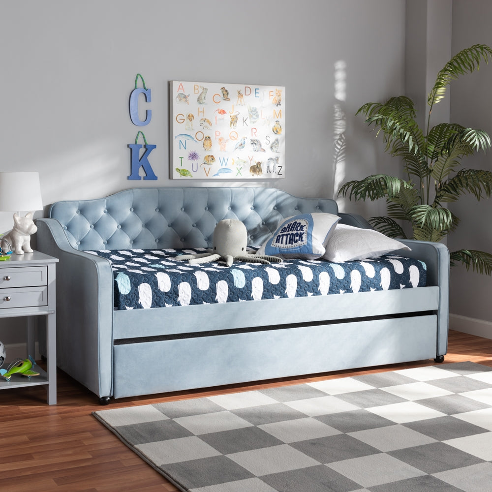 Freda Traditional and Transitional Light Blue Velvet Fabric Upholstered and Button Tufted Twin Size Daybed with Trundle