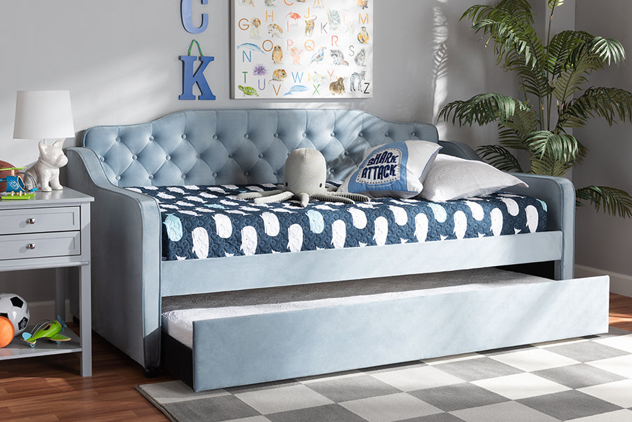 Freda Traditional and Transitional Light Blue Velvet Fabric Upholstered and Button Tufted Twin Size Daybed with Trundle