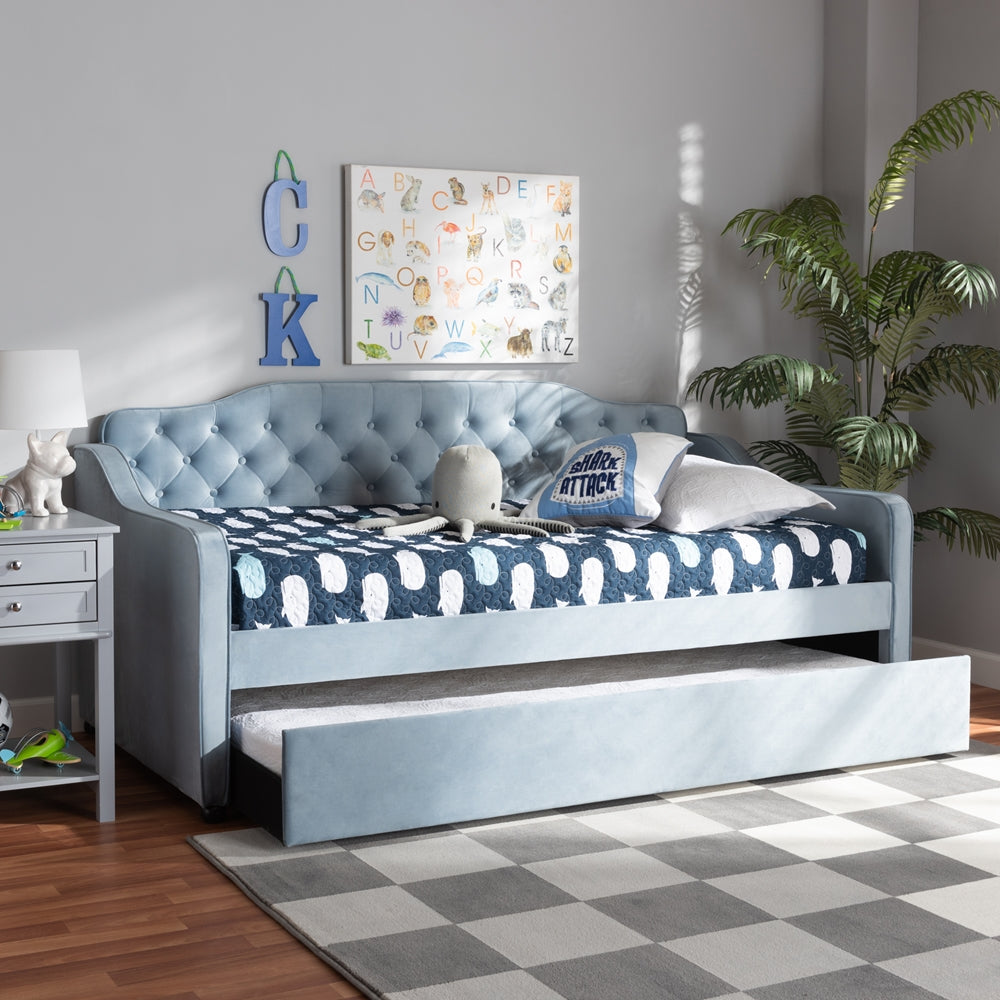 Freda Traditional and Transitional Light Blue Velvet Fabric Upholstered and Button Tufted Twin Size Daybed with Trundle