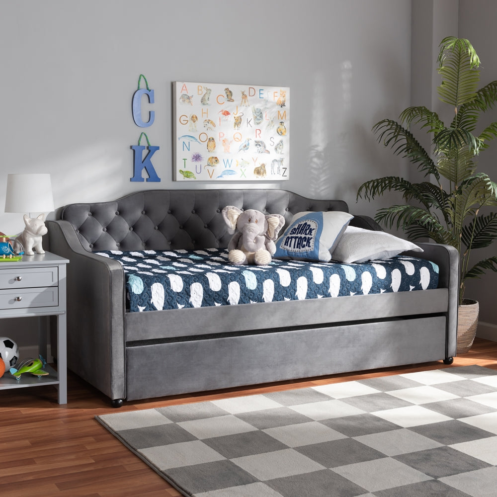 Freda Grey Velvet Fabric Upholstered And Button Tufted Twin Size Daybed With Trundle