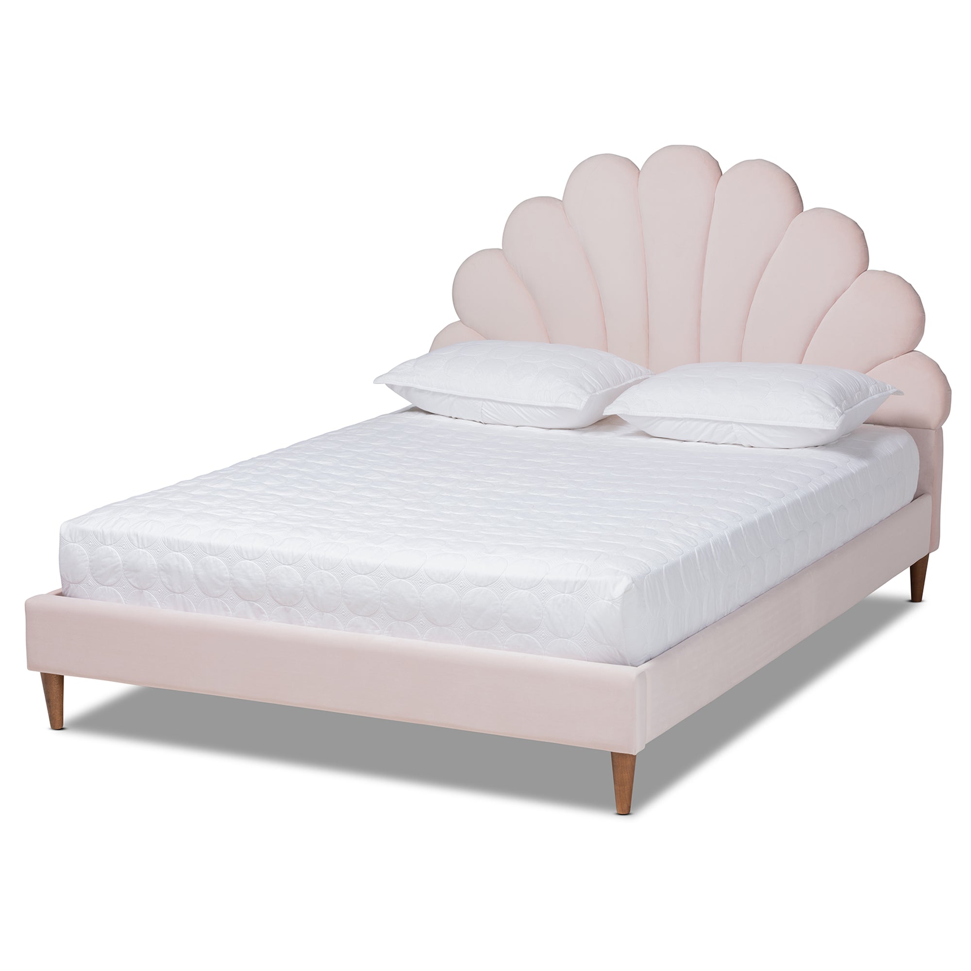 Odille Light Pink Velvet Walnut Brown Wood Queen Size Platform Bed