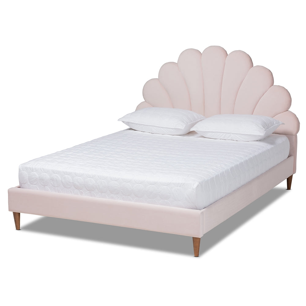 Odille Light Pink Velvet Walnut Brown Wood Queen Size Platform Bed