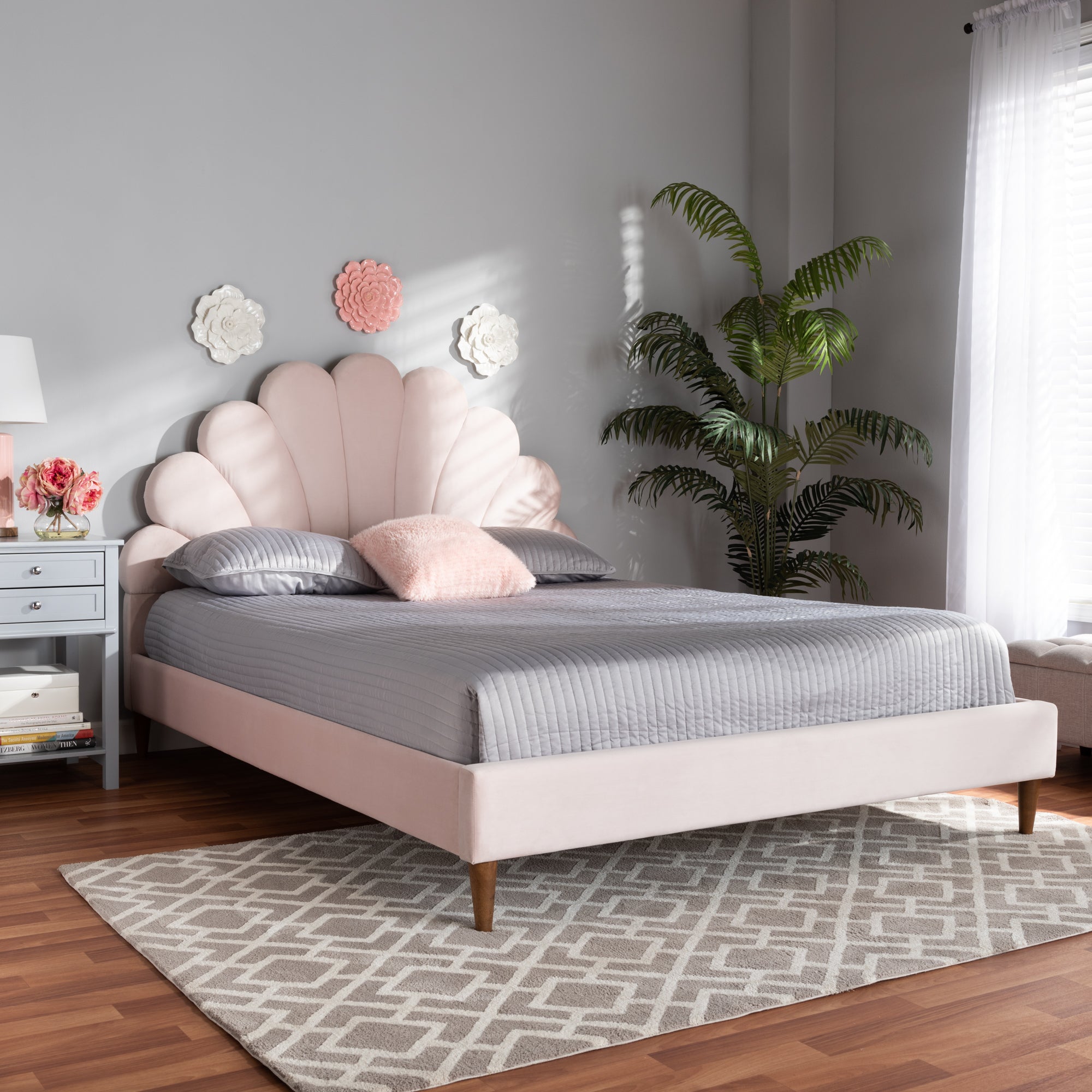 Odille Light Pink Velvet Walnut Brown Wood Queen Size Platform Bed