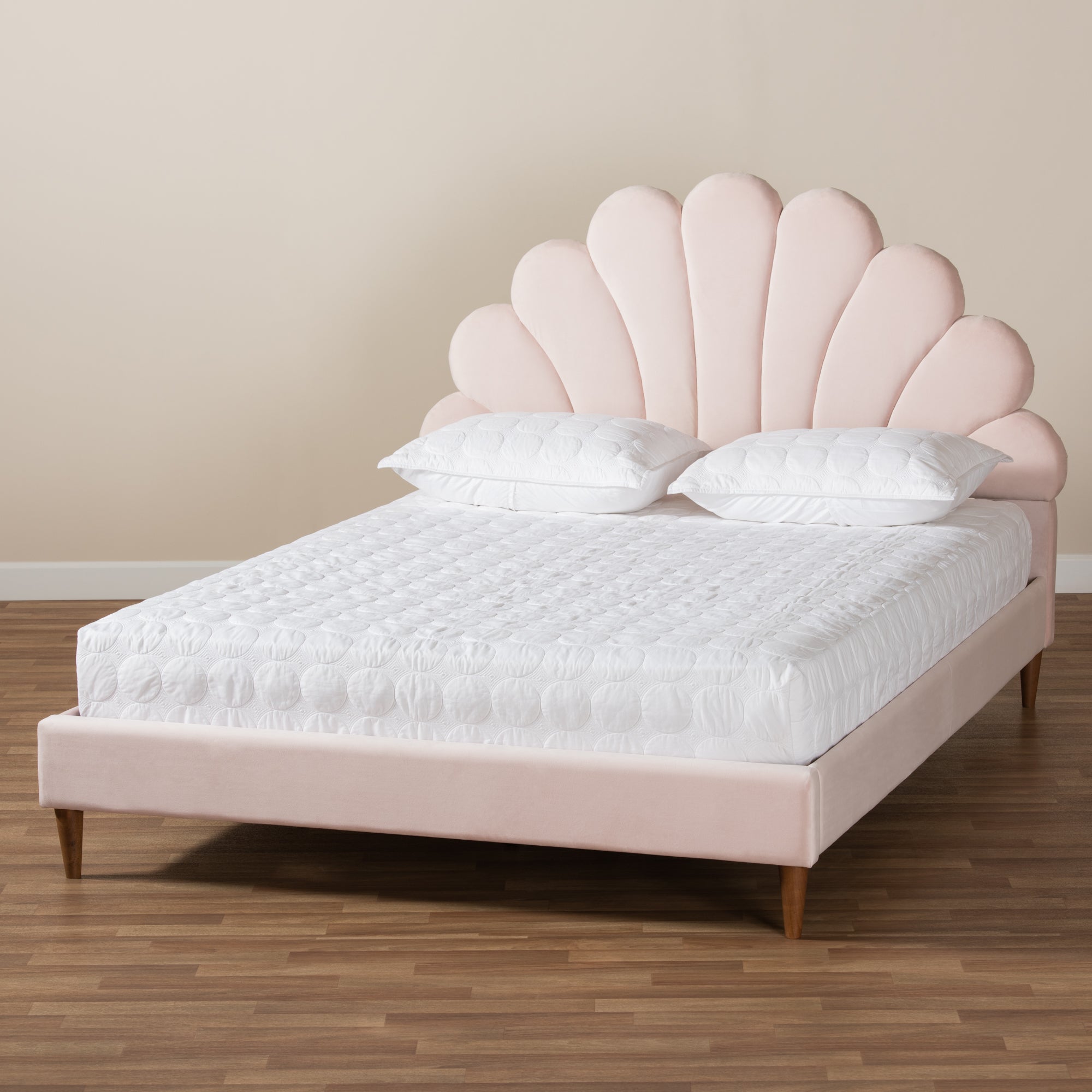 Odille Light Pink Velvet Walnut Brown Wood Queen Size Platform Bed
