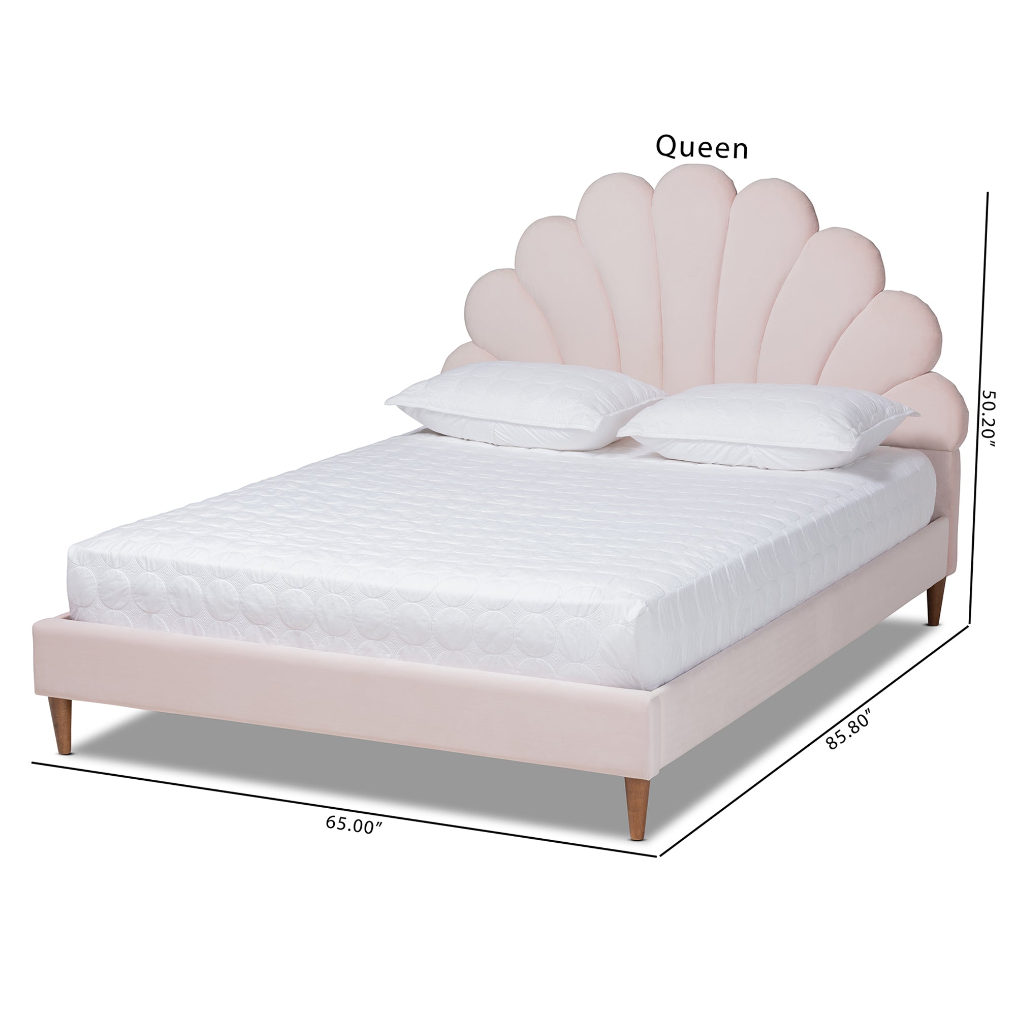 Odille Light Pink Velvet Walnut Brown Wood Queen Size Platform Bed