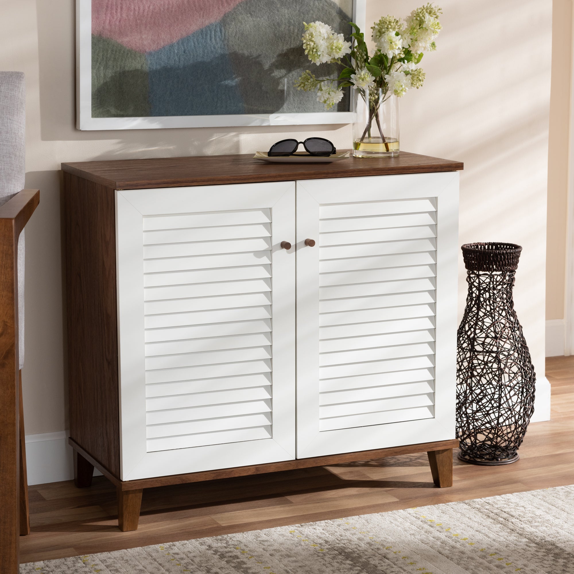 Coolidge Modern and Contemporary White and Walnut Finished 4-Shelf Wood Shoe Storage Cabinet