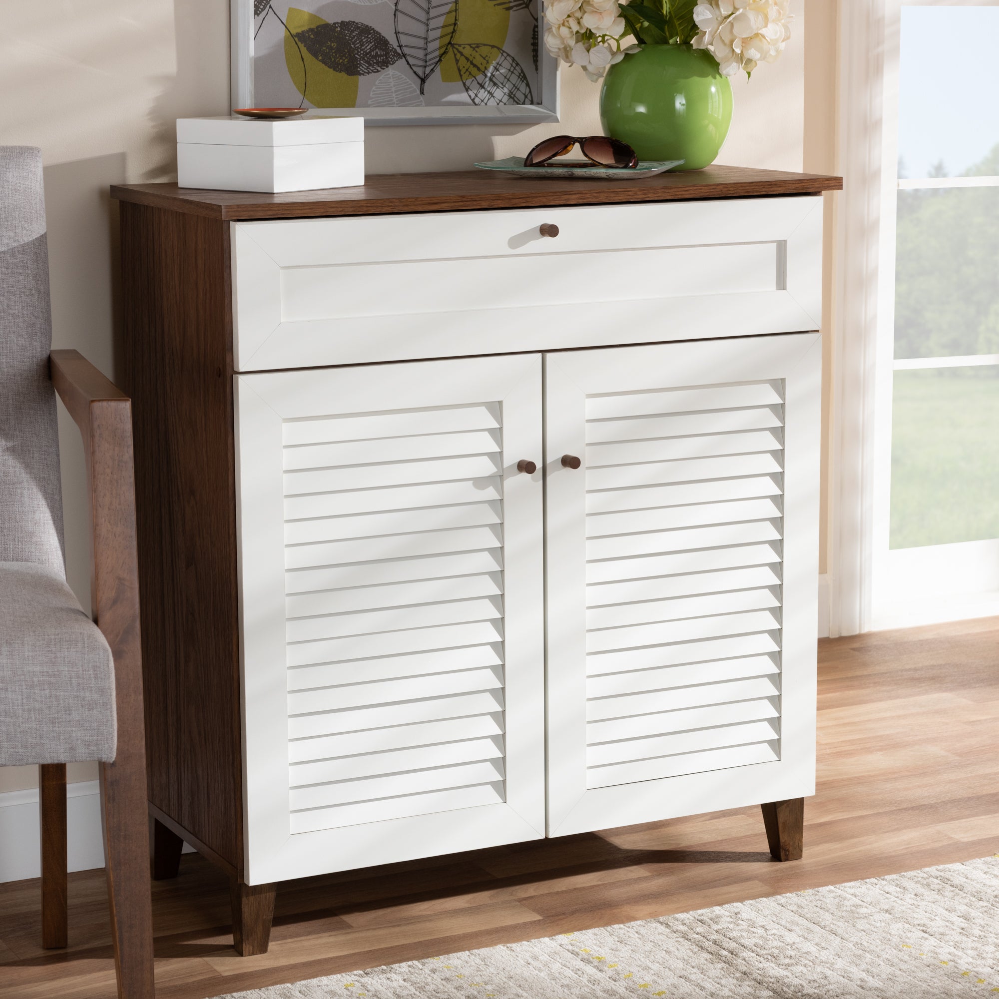 Coolidge Modern and Contemporary White and Walnut Finished 4-Shelf Wood Shoe Storage Cabinet with Drawer