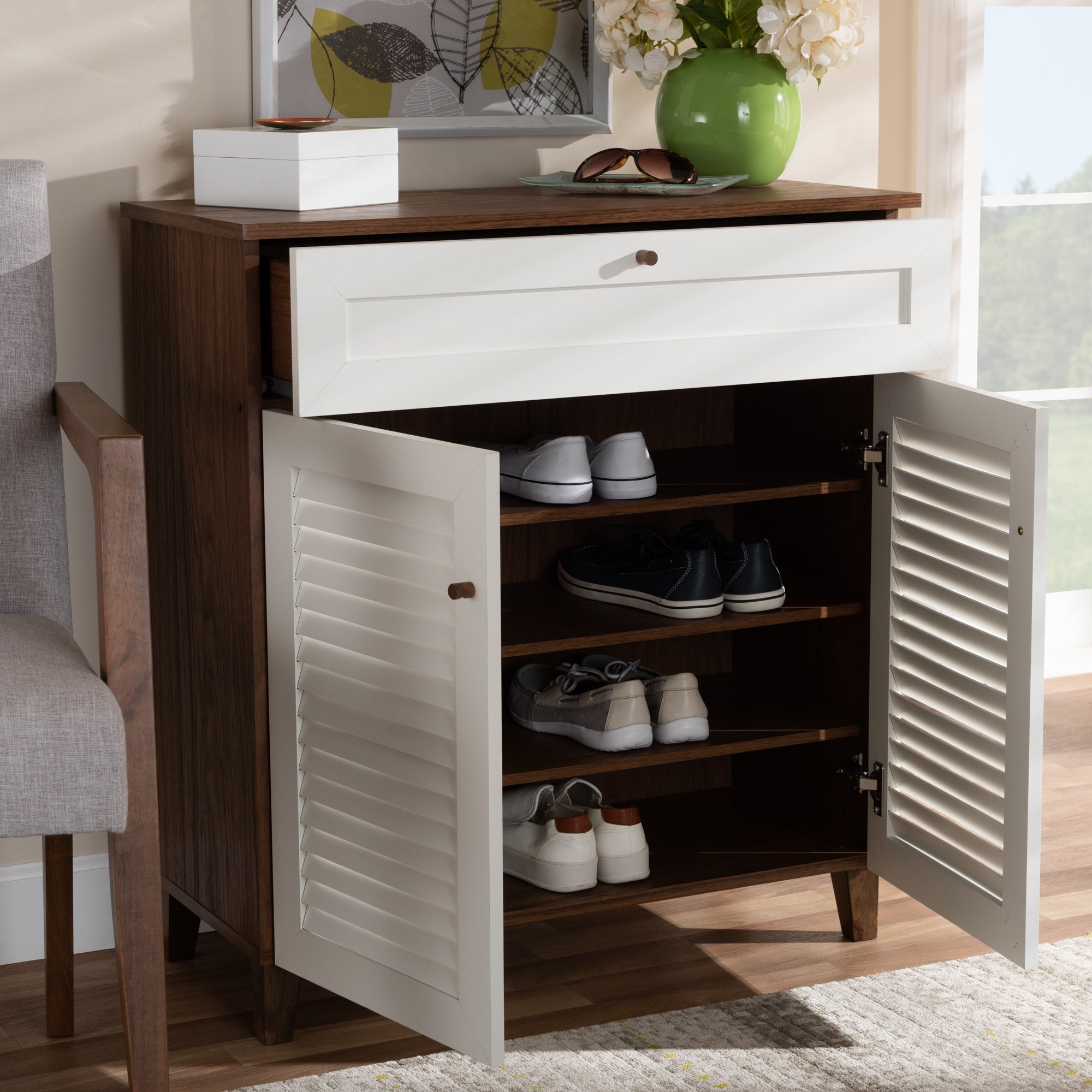 Coolidge Modern and Contemporary White and Walnut Finished 4-Shelf Wood Shoe Storage Cabinet with Drawer