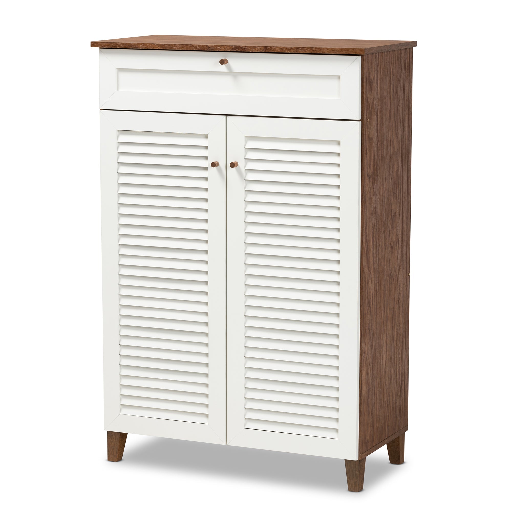 Coolidge Modern and Contemporary White and Walnut Finished 5-Shelf Wood Shoe Storage Cabinet with Drawer