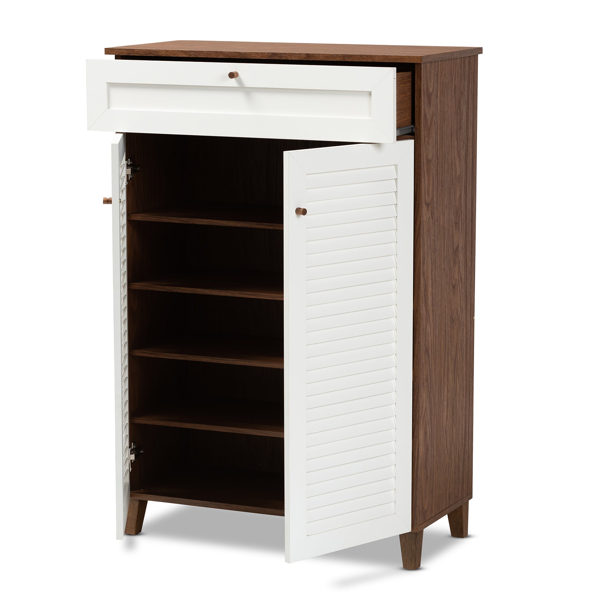 Coolidge Modern and Contemporary White and Walnut Finished 5-Shelf Wood Shoe Storage Cabinet with Drawer