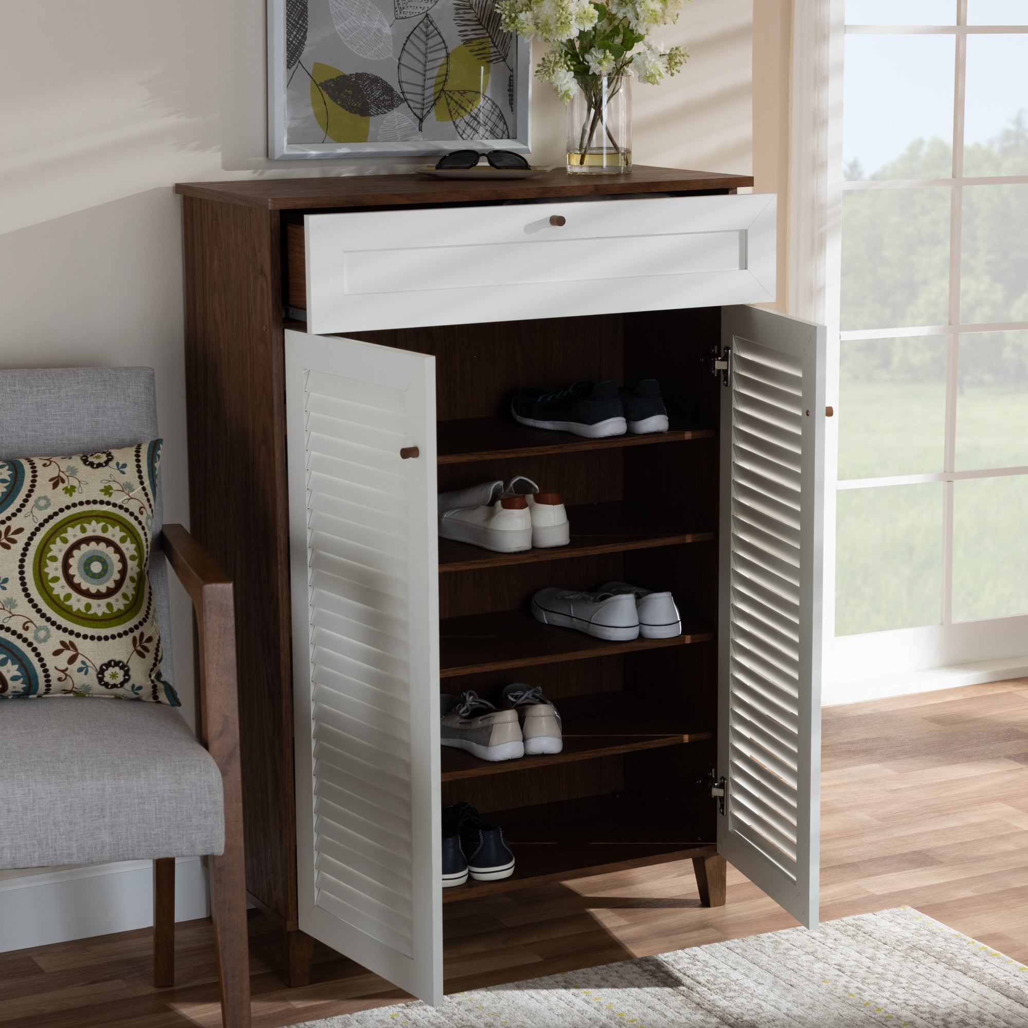 Coolidge Modern and Contemporary White and Walnut Finished 5-Shelf Wood Shoe Storage Cabinet with Drawer