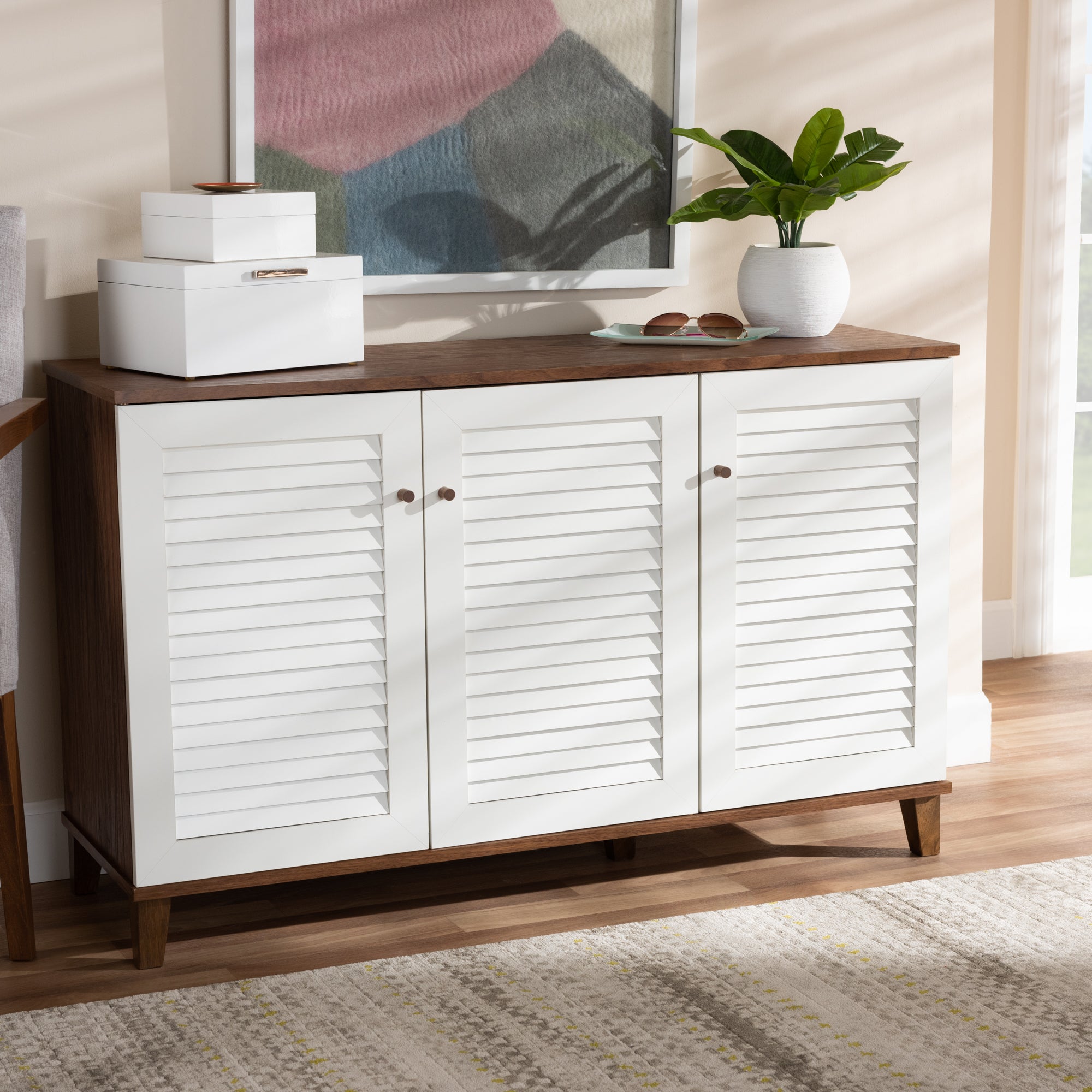 Coolidge Modern and Contemporary Walnut/White Finished 8-Shelf Wood Shoe Storage Cabinet
