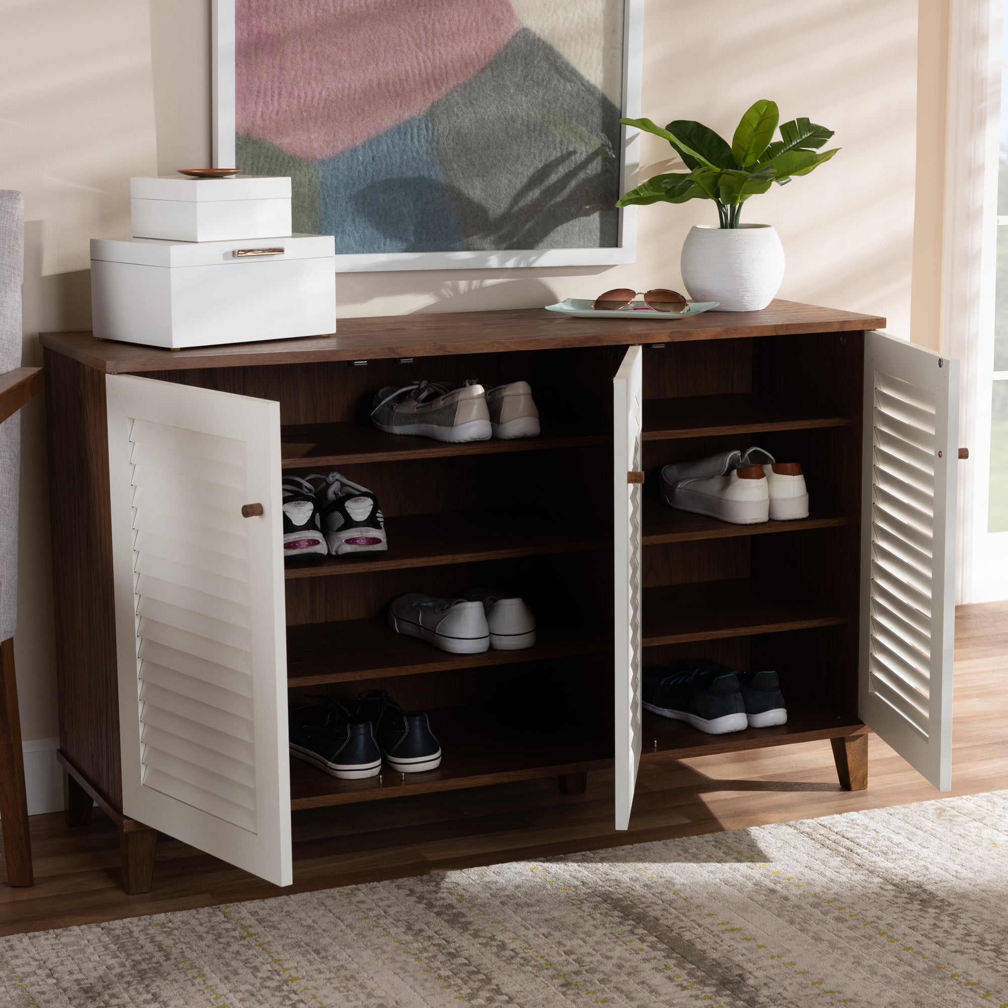 Coolidge Modern and Contemporary Walnut/White Finished 8-Shelf Wood Shoe Storage Cabinet