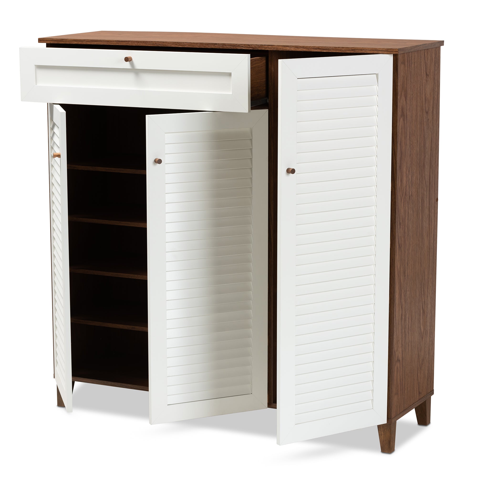 Coolidge Modern and Contemporary White and Walnut Finished 11-Shelf Wood Shoe Storage Cabinet with Drawer