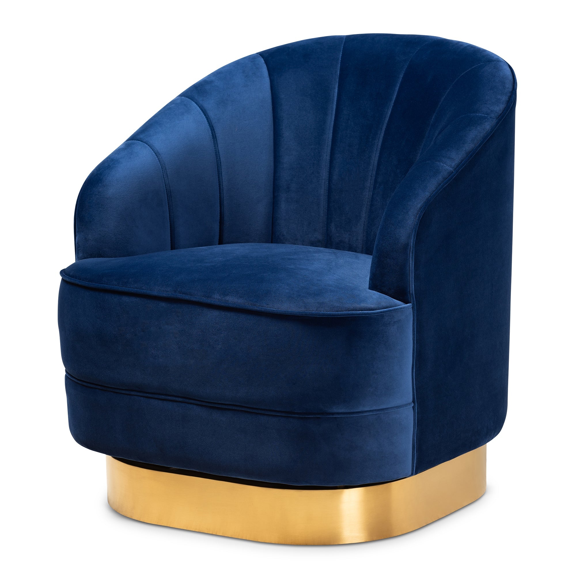 Fiore  and  Royal Blue Velvet Fabric Upholstered Brushed Gold Finished Swivel Accent Chair