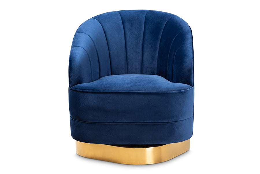 Fiore  and  Royal Blue Velvet Fabric Upholstered Brushed Gold Finished Swivel Accent Chair