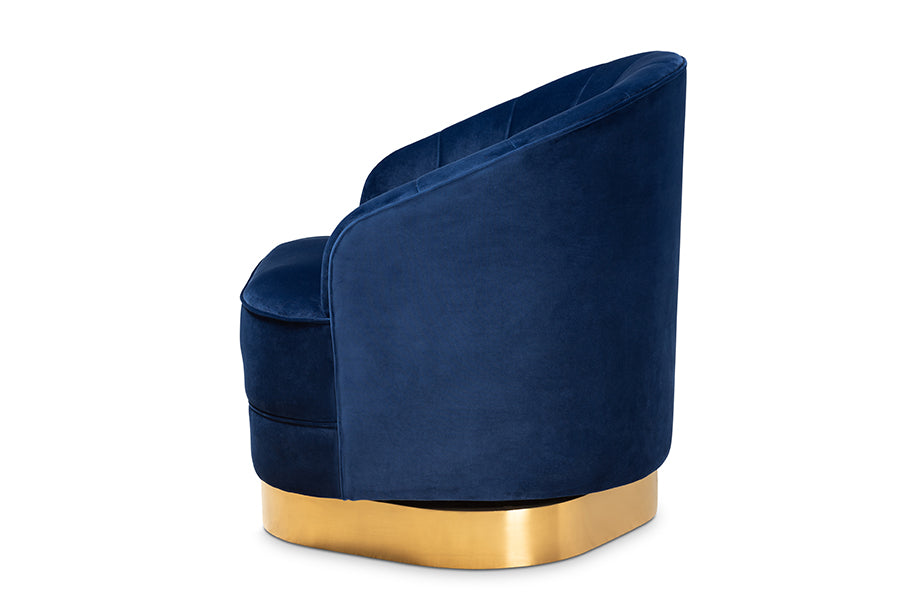 Fiore  and  Royal Blue Velvet Fabric Upholstered Brushed Gold Finished Swivel Accent Chair