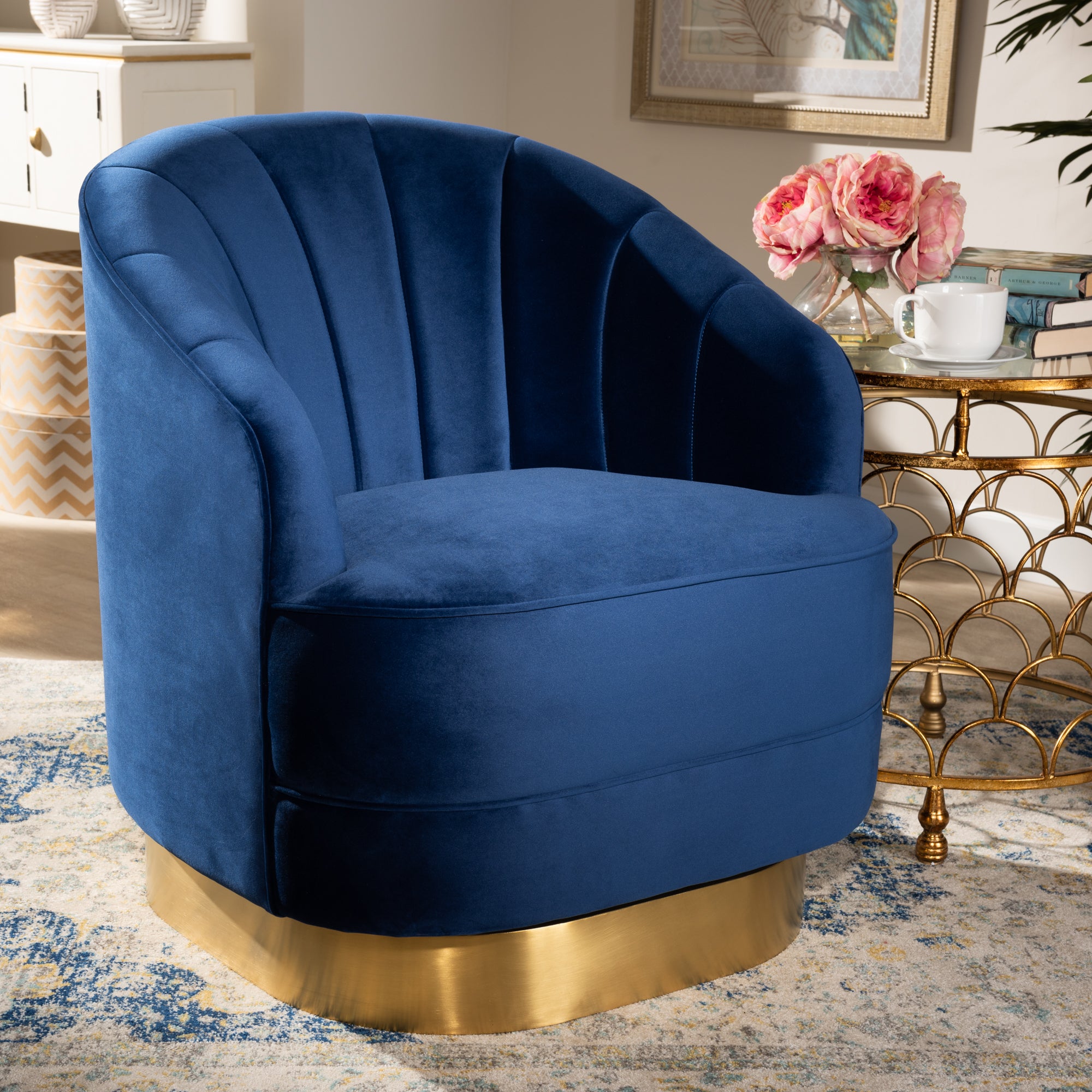 Fiore  and  Royal Blue Velvet Fabric Upholstered Brushed Gold Finished Swivel Accent Chair